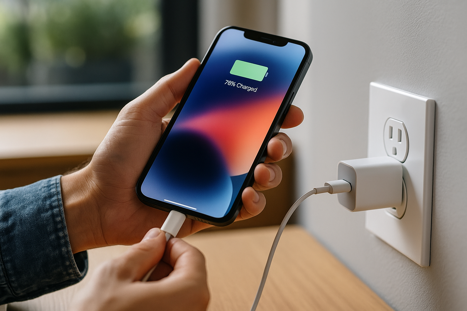 pessoa a segurar telemovel com o carregador